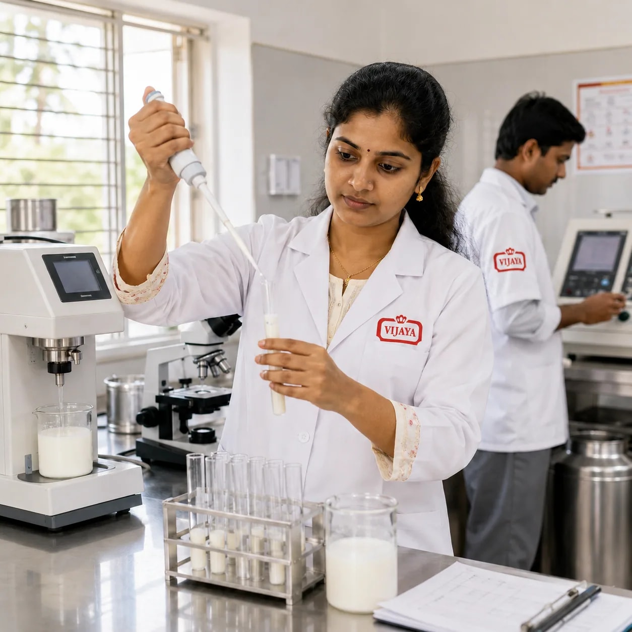 Lab technician testing milk samples for purity