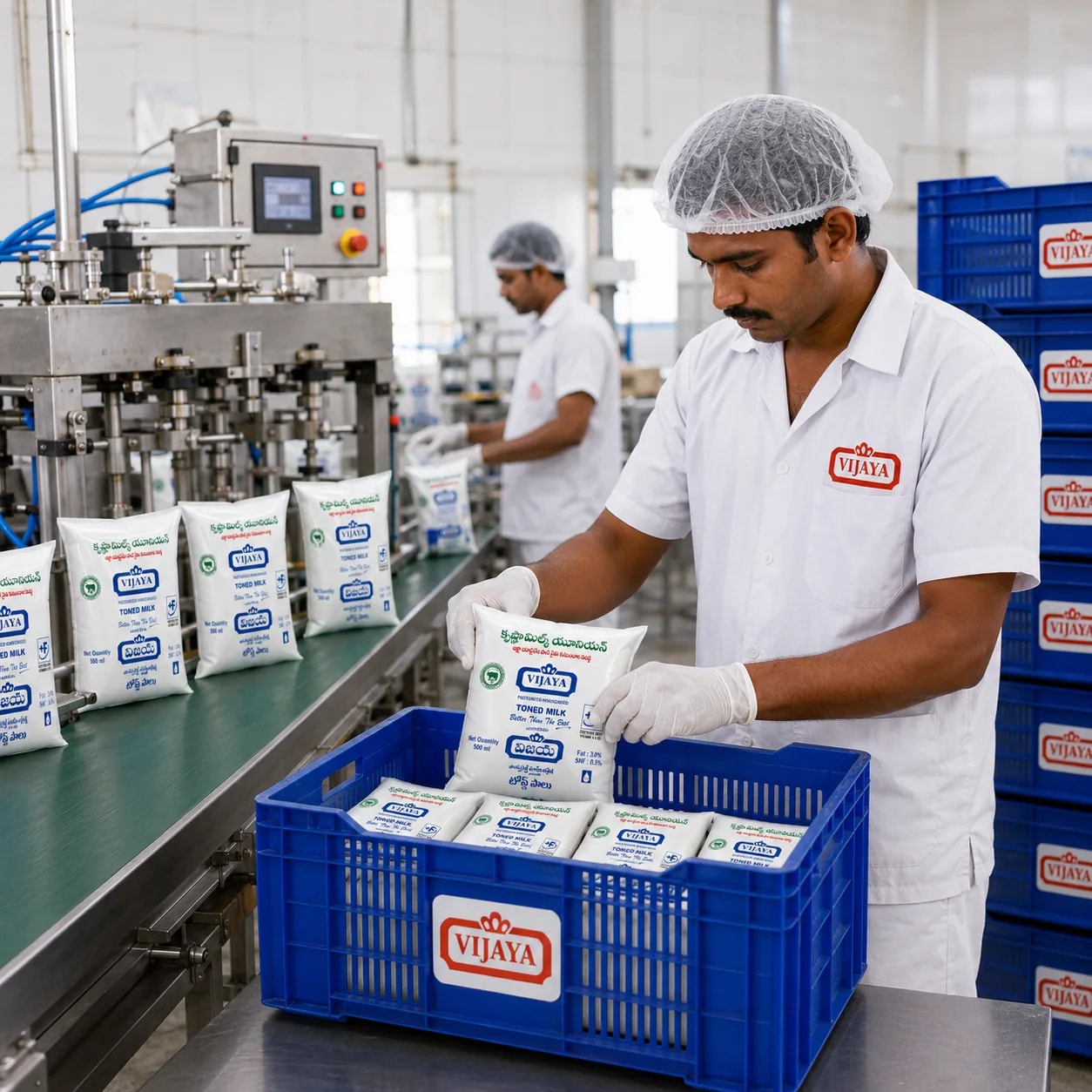 Automated milk packaging at the Vijaya dairy plant