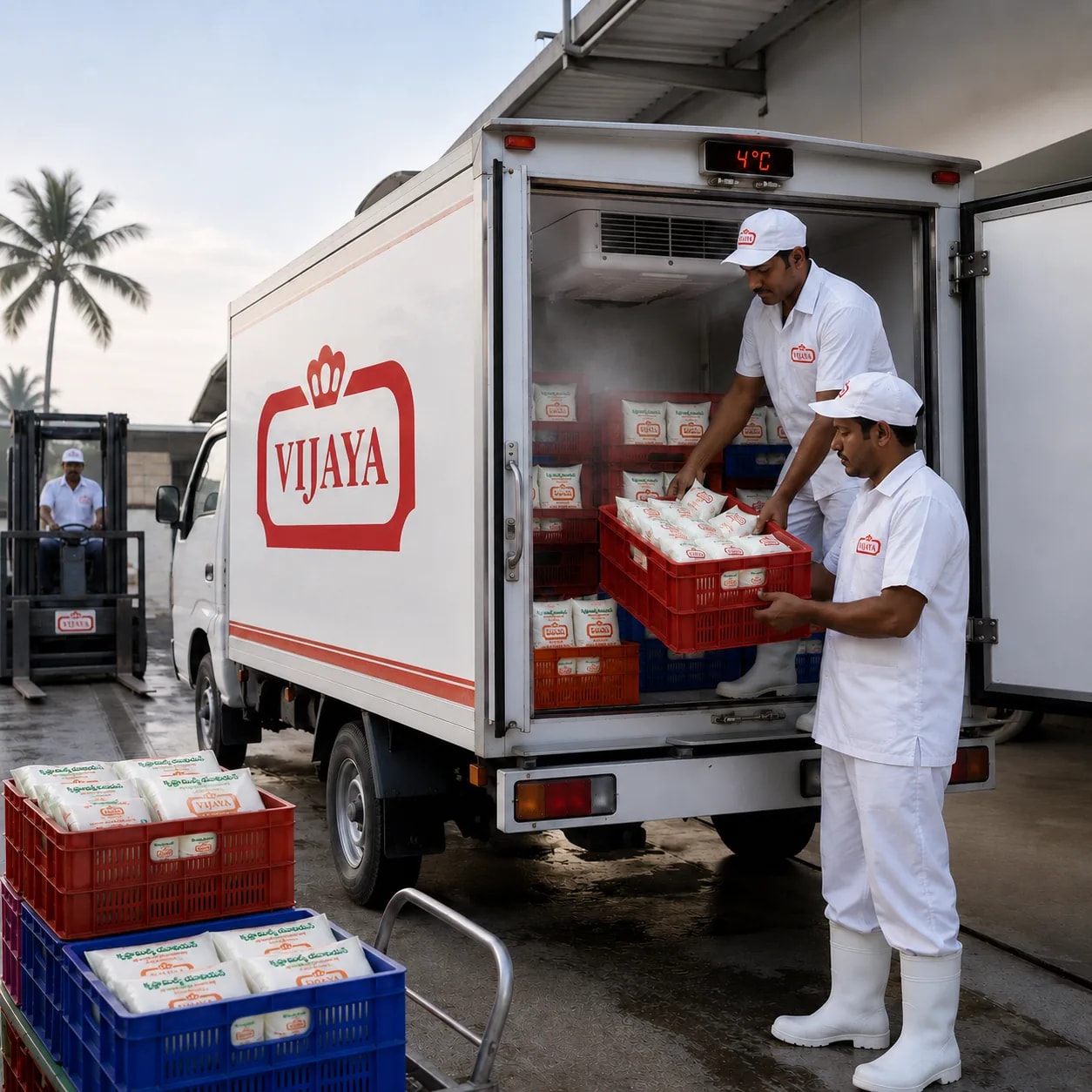 Refrigerated delivery van leaving the Vijaya dairy at dawn