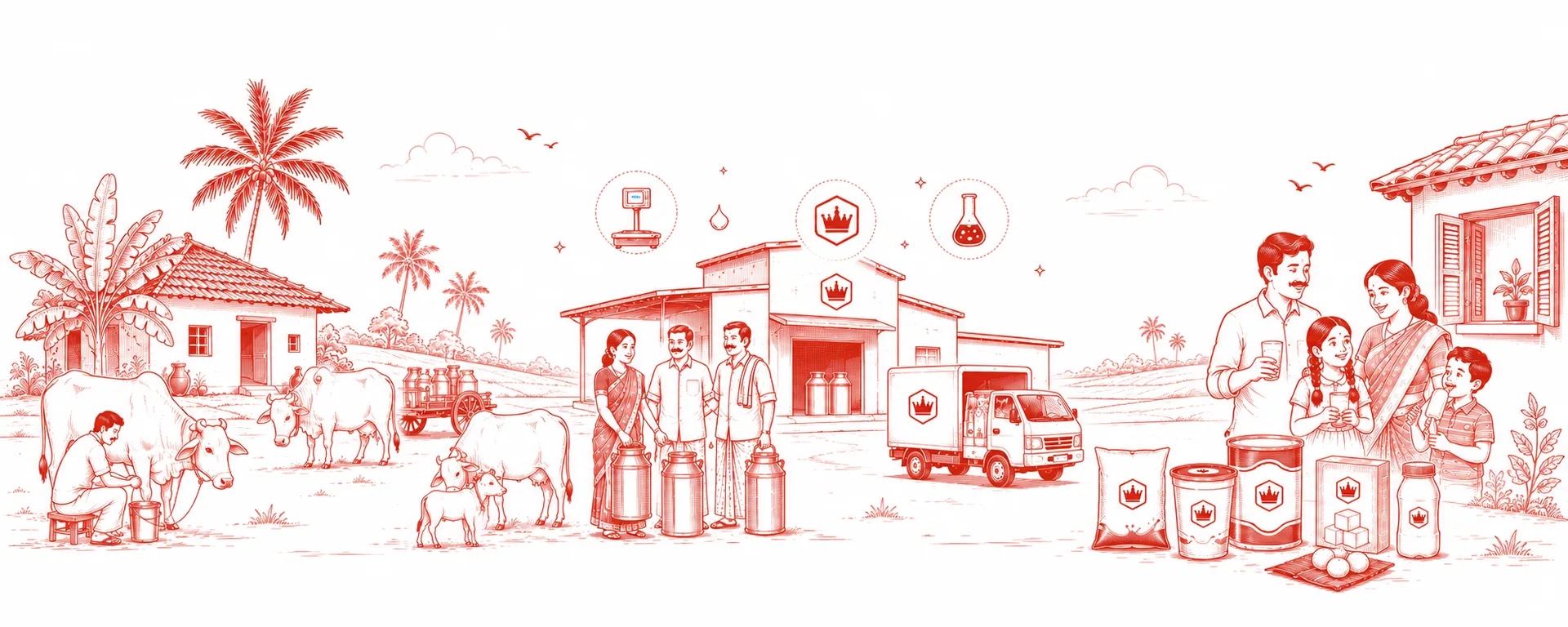 A panoramic illustration of Vijaya farmers, cows, products and families