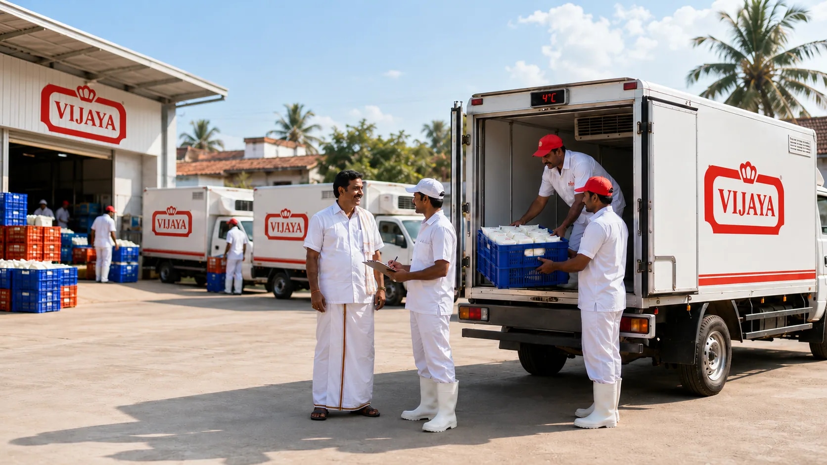 A Vijaya delivery van loading milk crates at sunrise