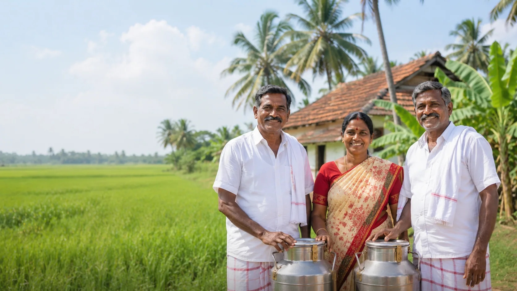 Smiling Vijaya dairy farmers in a Krishna delta paddy field