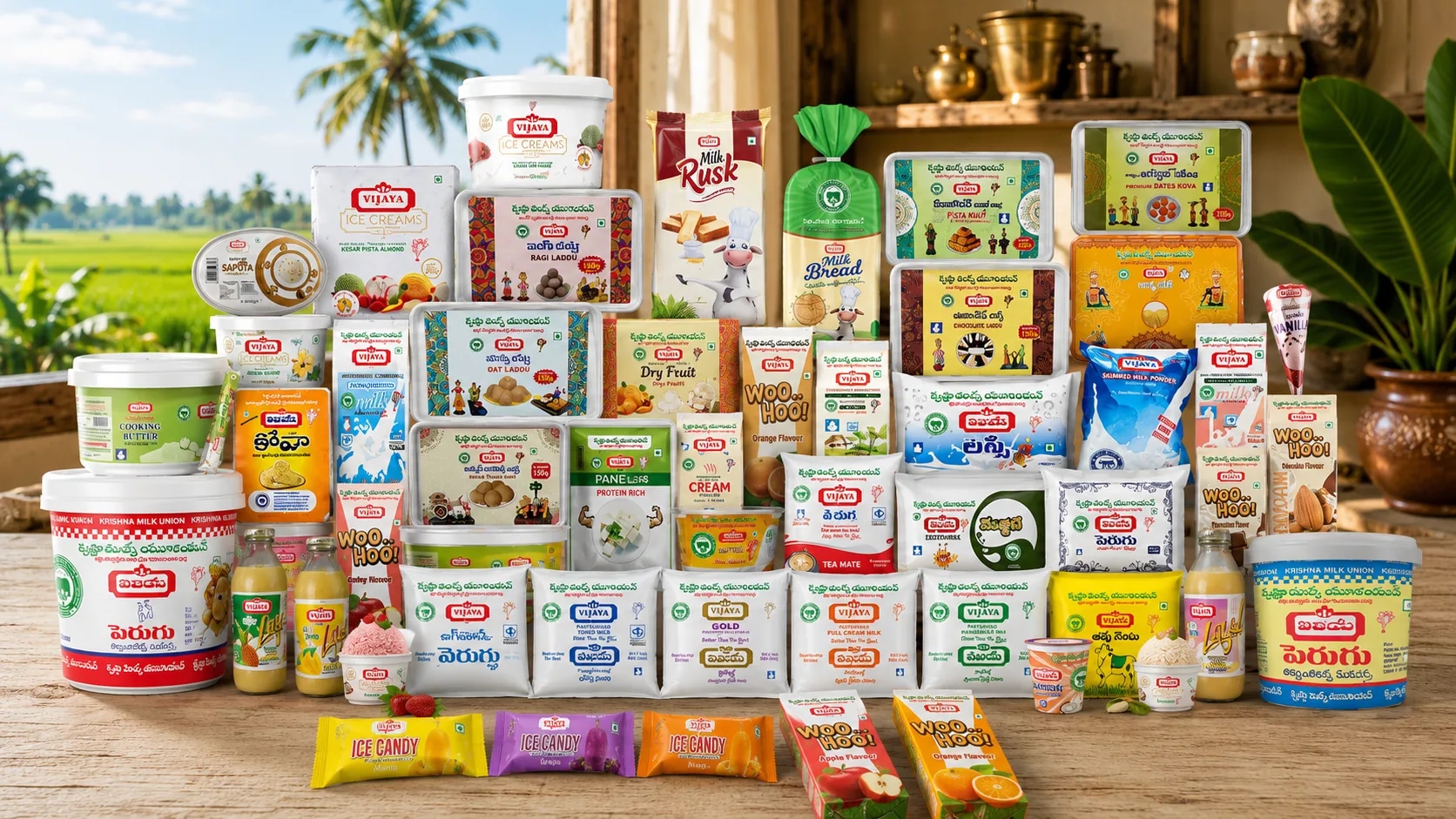 Fresh Vijaya dairy products arranged on a rustic kitchen counter