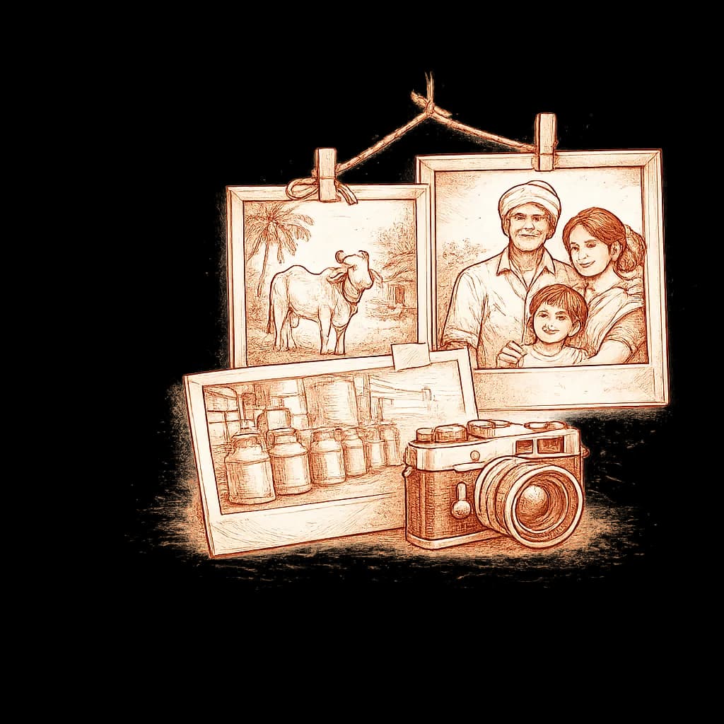 An illustration of farm, factory and family moments