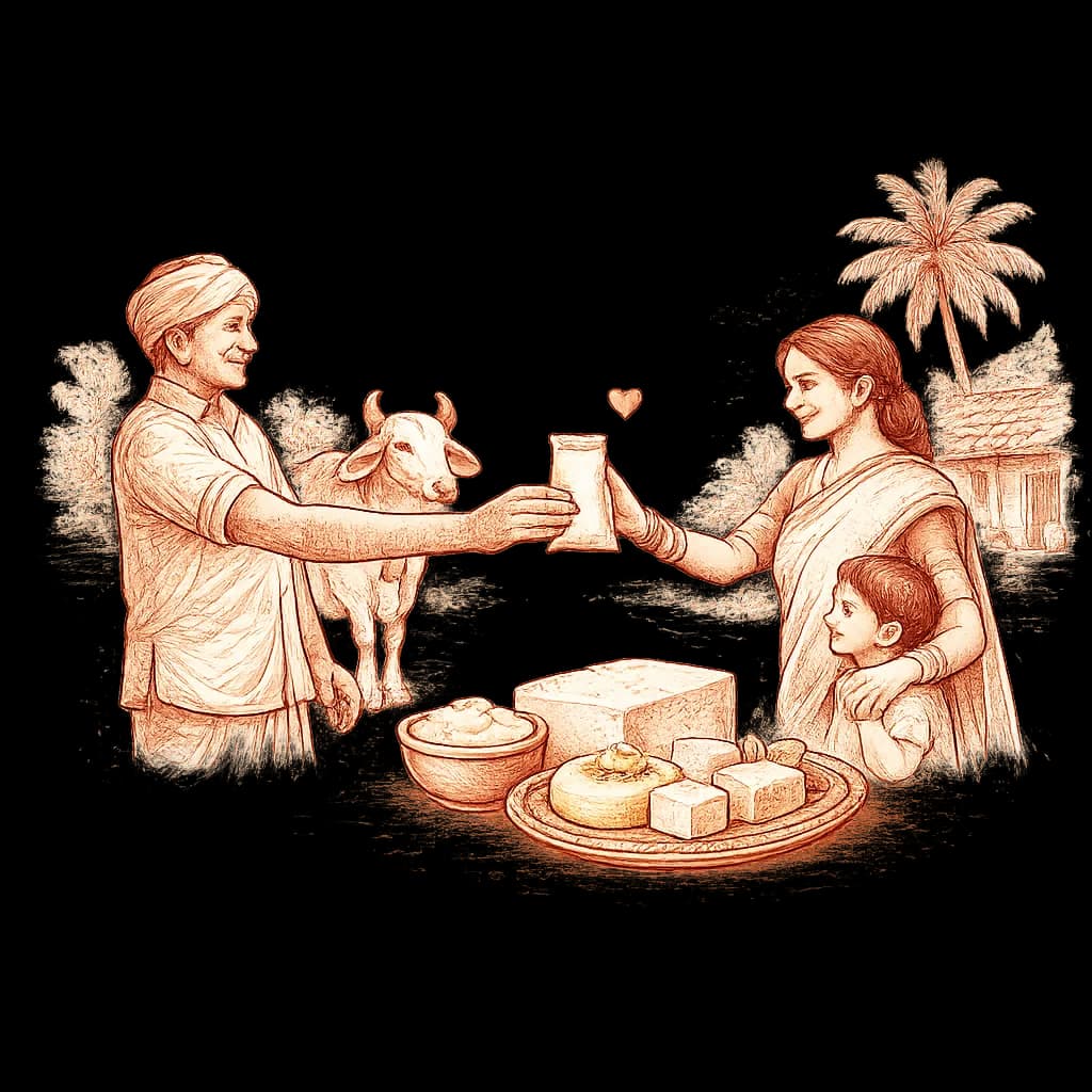 An illustration of a farmer handing fresh milk to a family