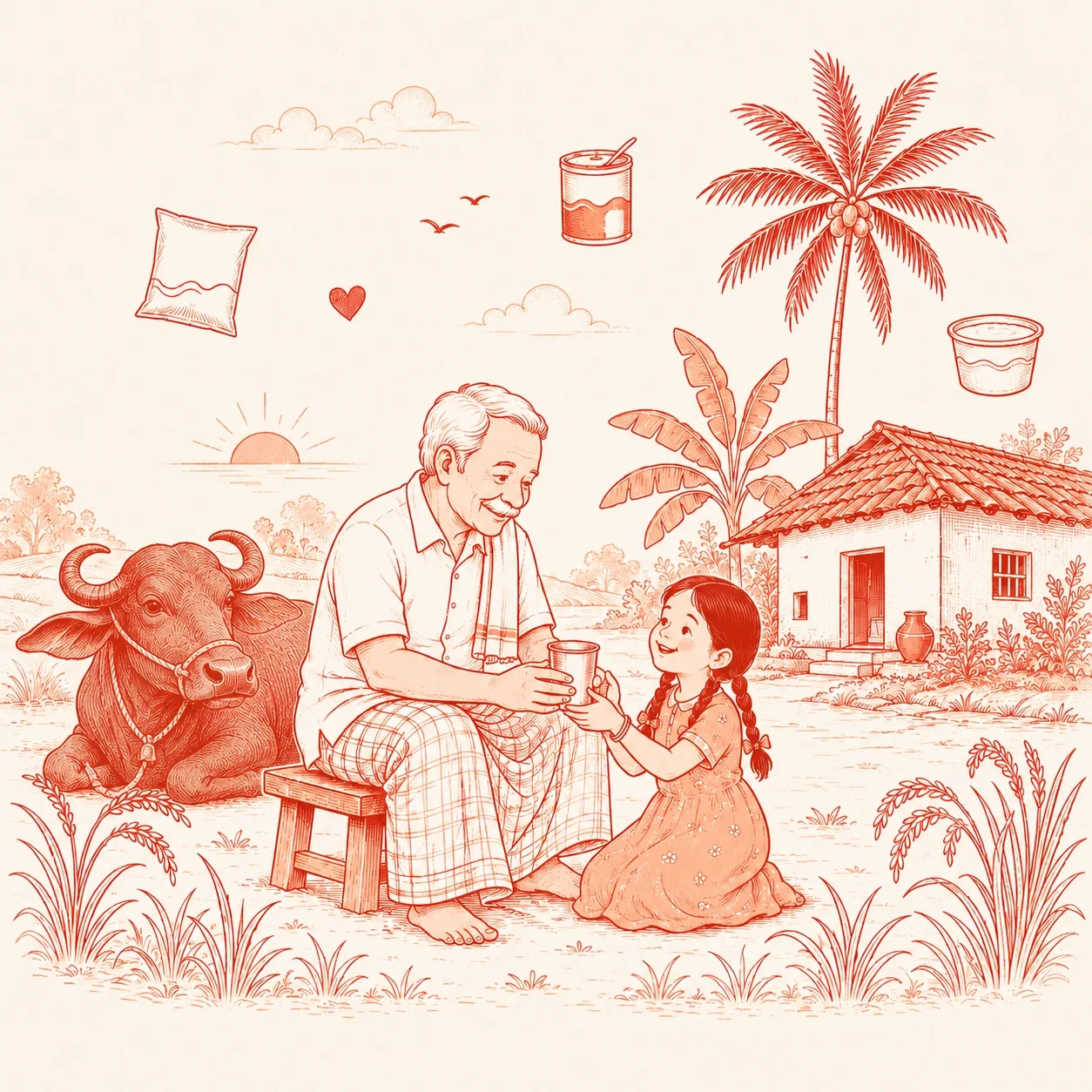 A simple illustrated scene of a Vijaya farmer and a young child sharing a glass of milk