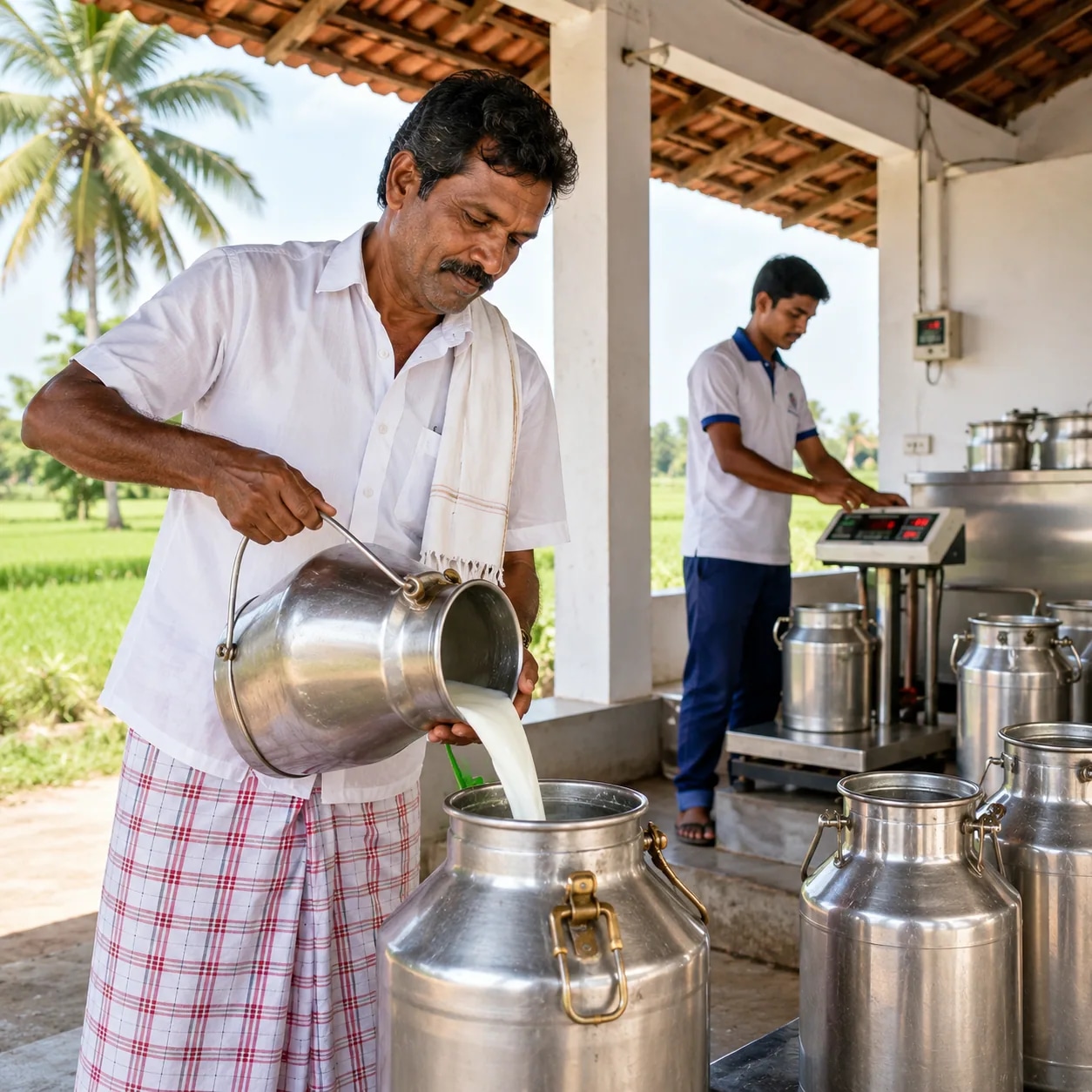 Milk being collected from farmers at a Vijaya village collection centre