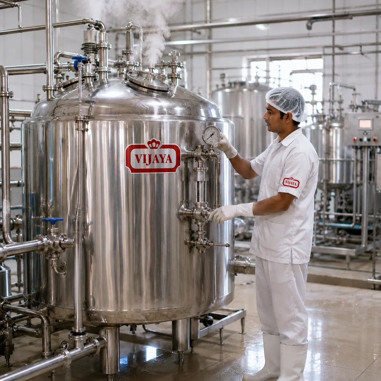 Stainless steel pasteurisation tanks inside the Vijaya dairy plant