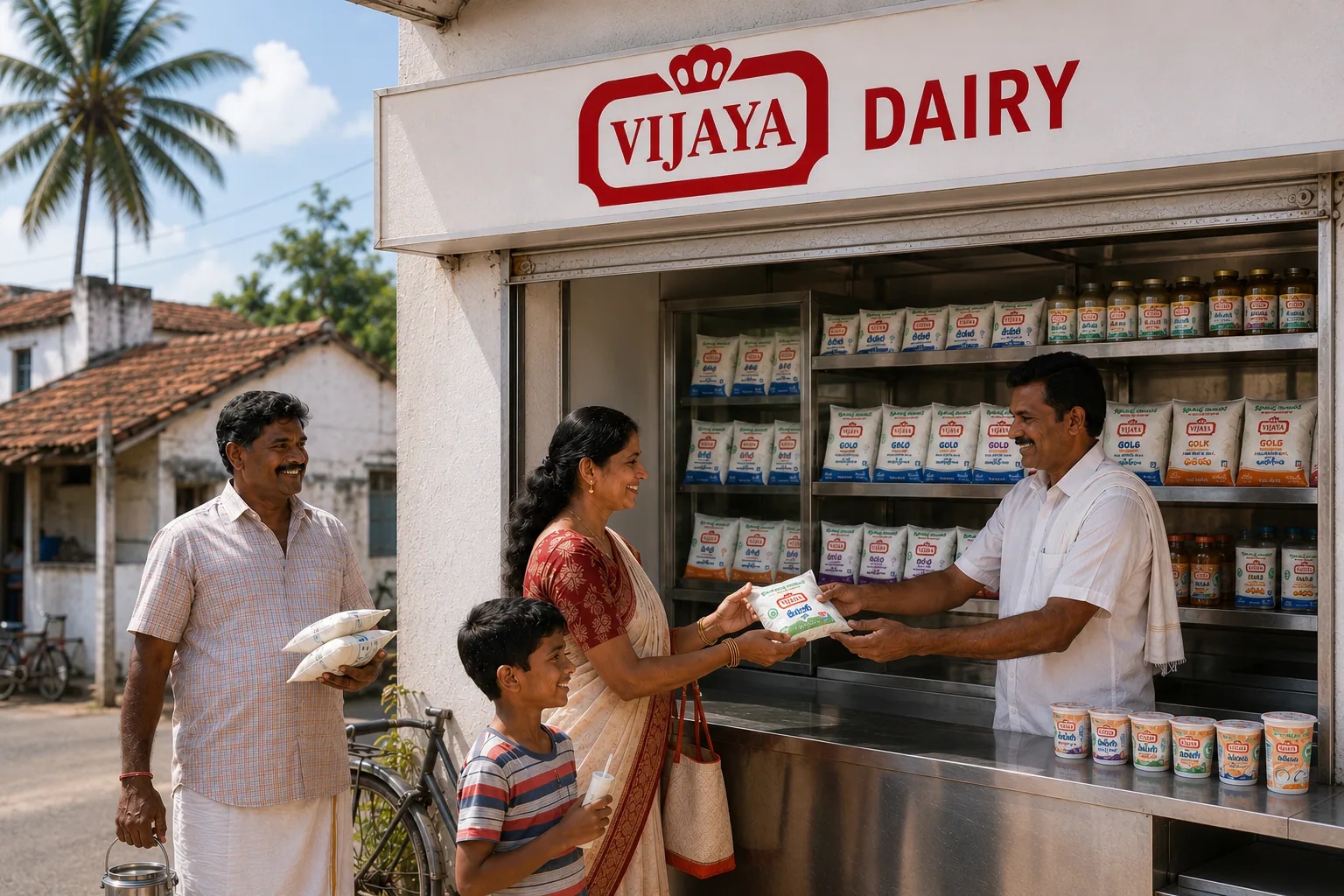 A Vijaya delivery boy placing fresh milk at a customer's doorstep